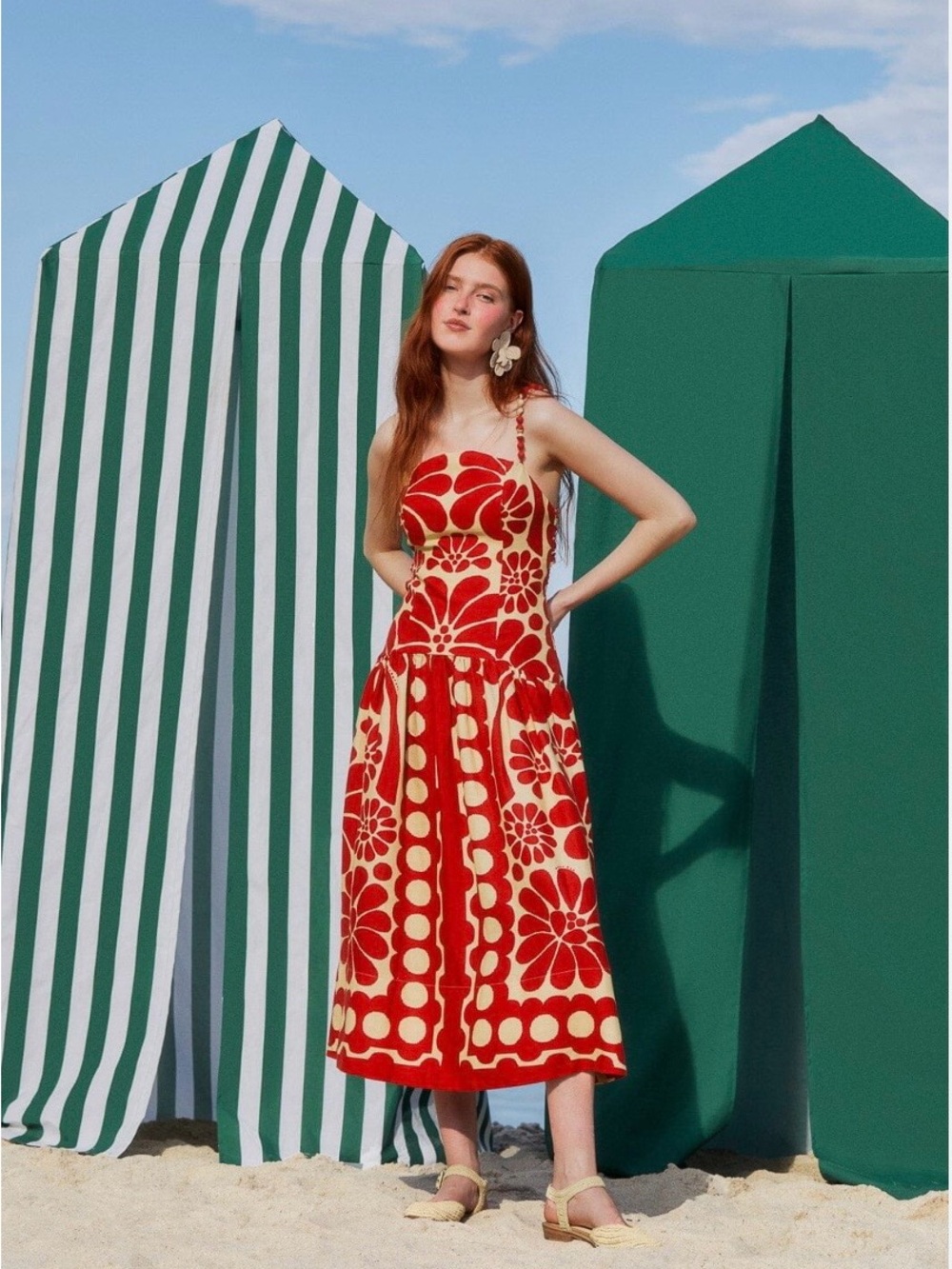 Red and Cream Floral Strap Sundress Palermo Sleeveless MIDI Dress - Picture 4 of 12